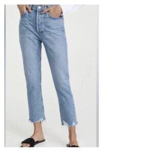 AGOLDE Riley Crop high rise raw hem button fly light wash jeans 25
